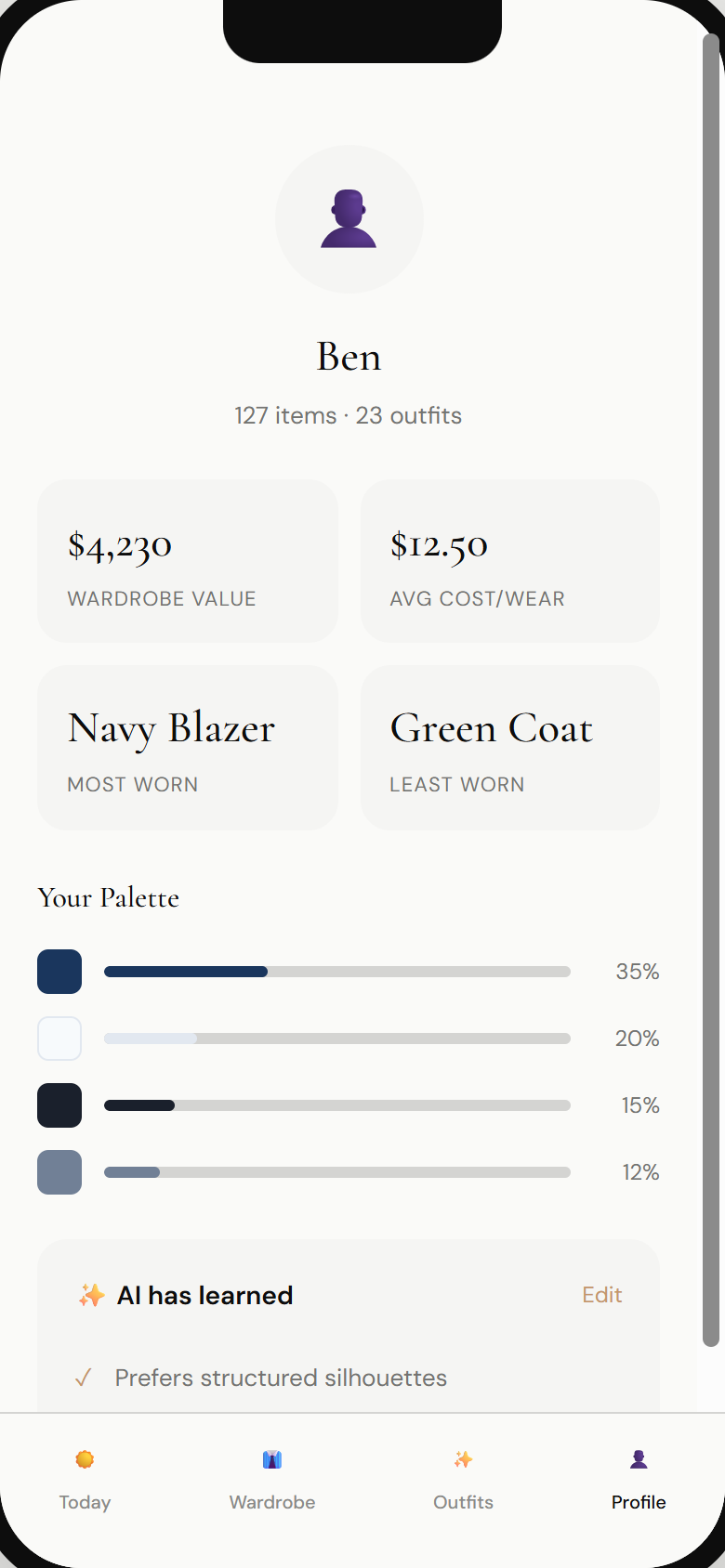 Cloudrobe style profile screen