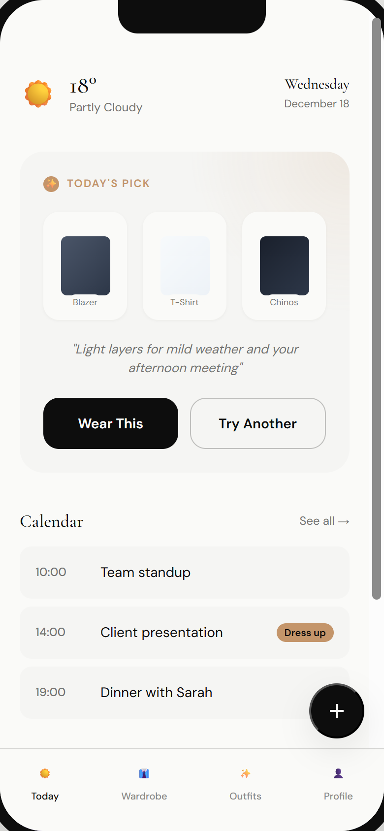 Cloudrobe Today screen with AI outfit recommendations